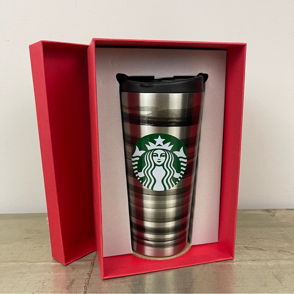 Starbucks Gray and Black Brushstroke Print 16 OZ Travel Tumbler Mug 2014
